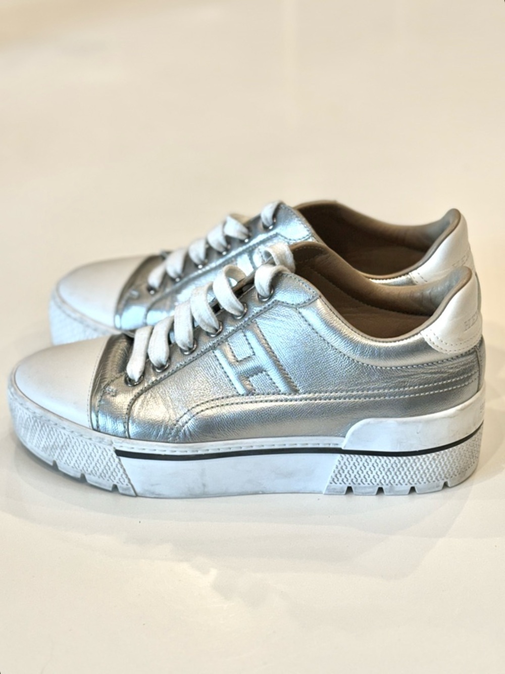 Hermes Silver Voltage Leather Platform Sneakers - Women's size 5.5